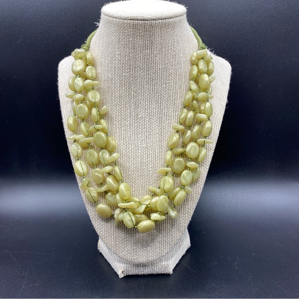 Green Beads Multi-Strand Necklace Acrylic Silk Cording Boho Style 20"-22"